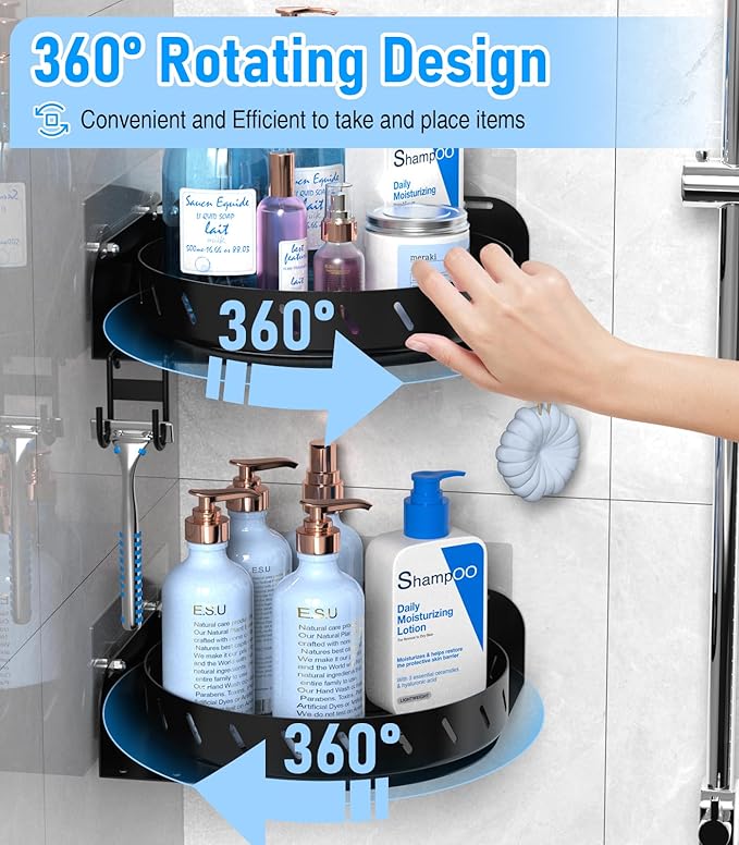 360°Rotating Corner Shower Caddy Shelf With 6 Hooks,2PACK Bathroom Shower Organizer Corner with 5Pcs Adhesive,Stainless Steel Corner Shower Racks for Inside Shower for Home Apartment Decor(Black)