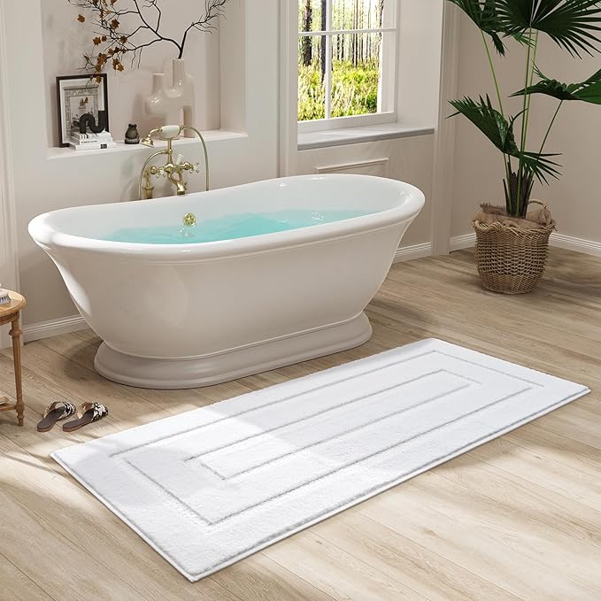 HOMORE Bathroom Rugs 24x60 Inch White Bathroom Runner Rug, Soft and Absorbent Bath Mat, TPR Backing Non Slip Long Runner Rug for Vanity, Washable Plush Bath Rugs for Shower Floor