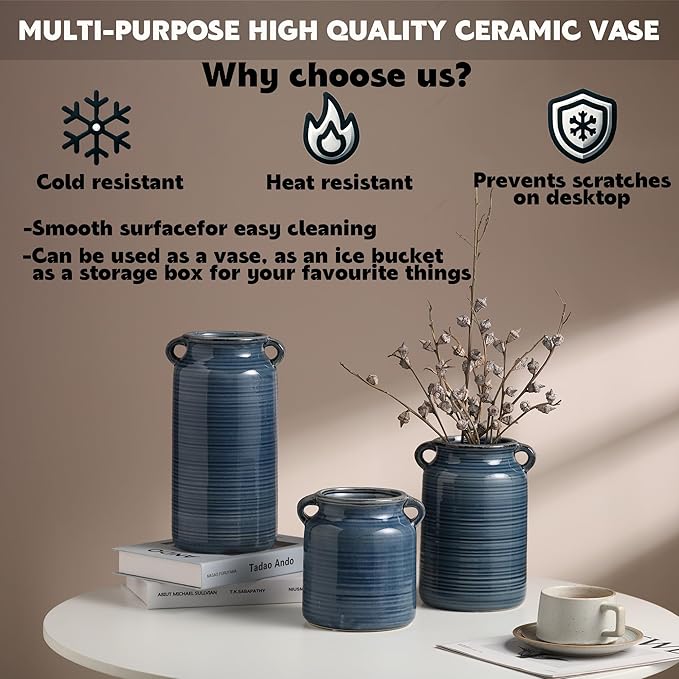 Ceramic Rustic Distressed Blue Flower Vase for Centerpieces, Kitchen, Office or Living Room (5.9''x6.3'')
