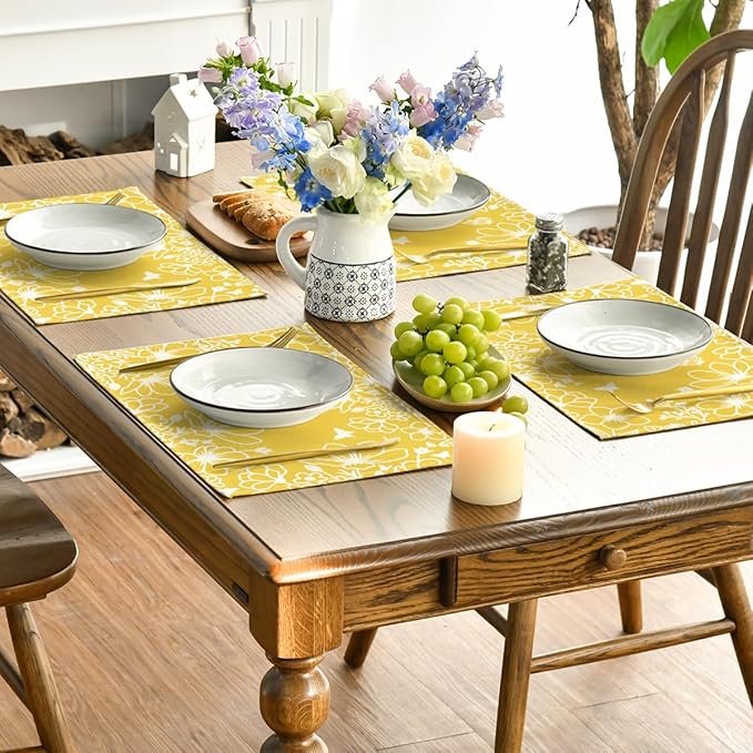 Artoid Mode Yellow Bloom Flowers Floral Spring Placemats Set of 4, 12x18 Inch Seasonal Summer Table Mats for Party Kitchen Dining Decoration