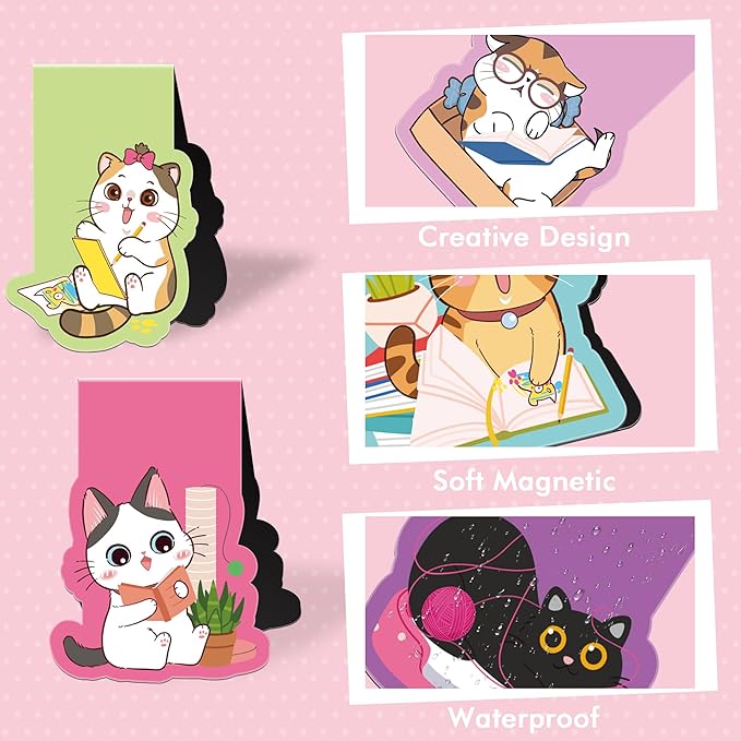 Cat Magnetic Bookmarks: 8 Pcs Cute Cartoon Cat Magnet Book Page Markers, Animal Bookmark Clips for Reading, Gifts for Kids Students Teachers Book Lovers Office School Supplies