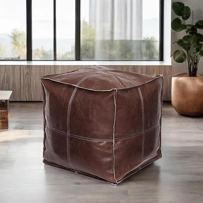 Unstuffed Pouf Ottoman Cover, Handmade Faux PU Leather Moroccan Pouffe Ottomans, Coffee 17.7" Cube Ottoman Foot Rest for Living Room, Floor Chair for Christmas Decorations Gift, ONLY COVER