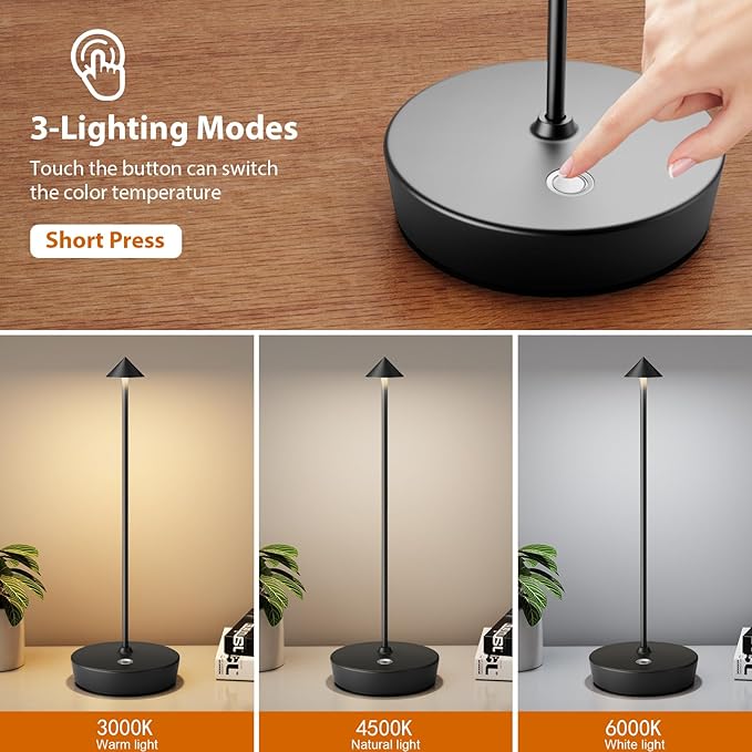 2Pack Rechargeable Cordless Table Lamp, Portable Powered LED Battery 6000mAh Metal USB Desk Lamp, 3 Levels Brightness Light for Restaurants Outdoor (2pack Black)