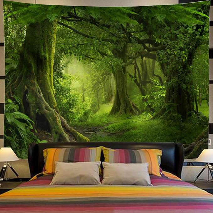 Misty Forest Tapestry Green Tree in Jungle Forest Tapestries Wall Hanging Nature Scenery Woodland Backdrop for Living Room Bedroom