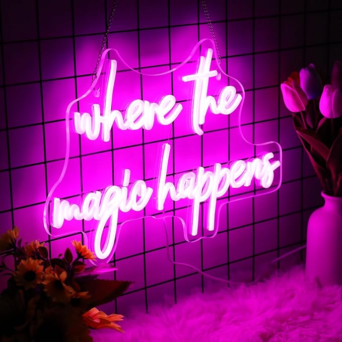 Where The Magic Happens Neon Sign Led Pink Light Up Signs for Wall Decor Usb Powered Letter Neon Light Signs for Bedroom Wedding Decor Birthday Party Shop Man Cave 16 x 11''(Pink)