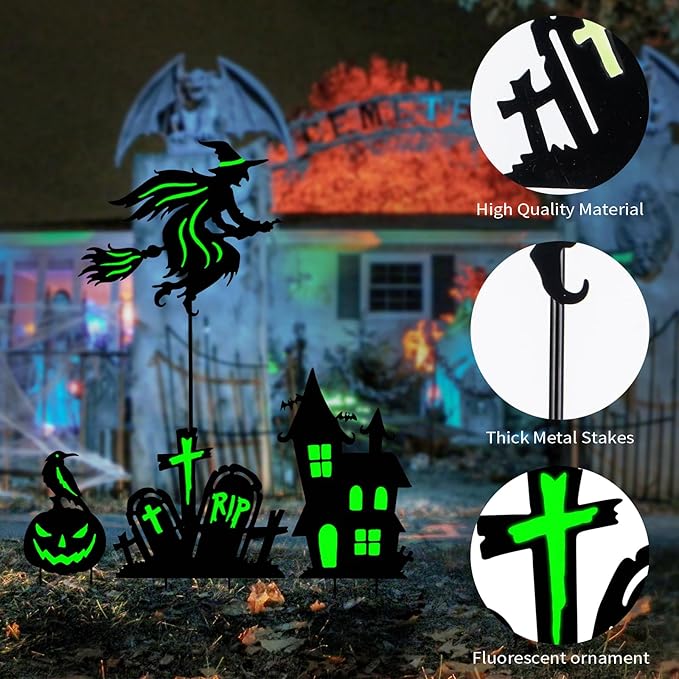 BRIGHTDECK Halloween Outdoor Yard Decorations, Set of 3 Glow in The Dark Witch Broom Fluorescent Waterproof Metal Stakes for Lawn Garden Halloween Decor (Flying Witch Tombstone Pumpkin Haunted House)