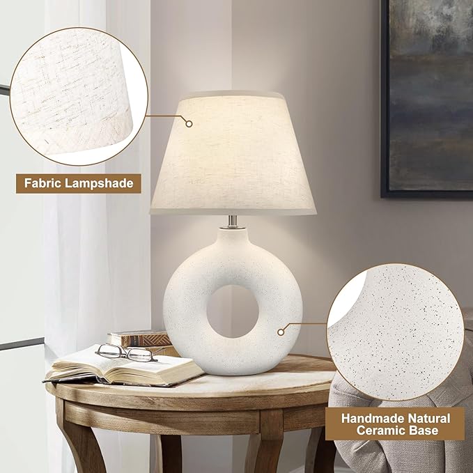 Boho Table Lamp for Living Room Bedroom, 21" Modern Ceramic Bedside Lamps 3 Color Temperature Farmhouse Rustic White Table Lights for Night Stands, Dorm, Office, Home Décor (Bulb Included)
