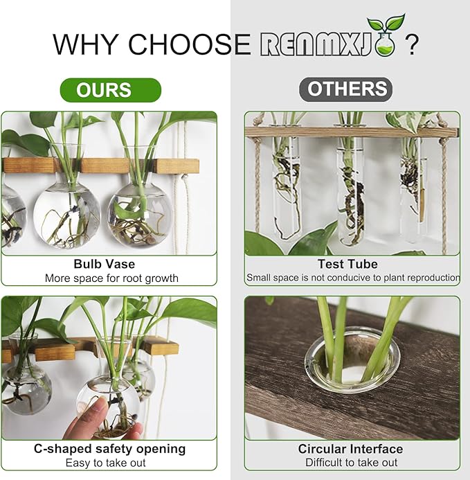 Plant Propagation Station Wall Hanging, Plant Terrarium with 2 Tiered Wooden Stand for Hydroponics Plants, Unique Gardening Gifts for Women Mom Plant Lovers - 6 Bulb Glass Vases