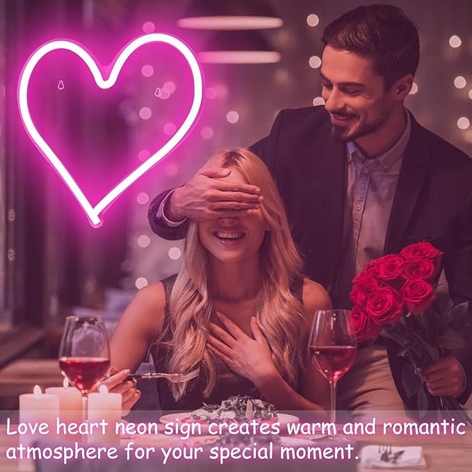 Pink Heart Neon Light, LED Heart Sign 13.413 Inch Dimmable USB Powered Romantic Bedroom Valentine's Kids Room Wedding Party Decor