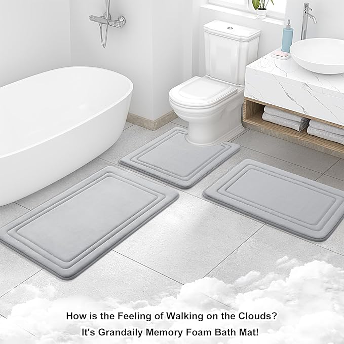 Grandaily Memory Foam Bath Mat Rug 24x16, Ultra Soft, Non-Slip and Absorbent Bathroom Rugs, Machine Wash Dry, Comfortable Bath Carpet for Bathroom Floor, Tub and Shower, Grey