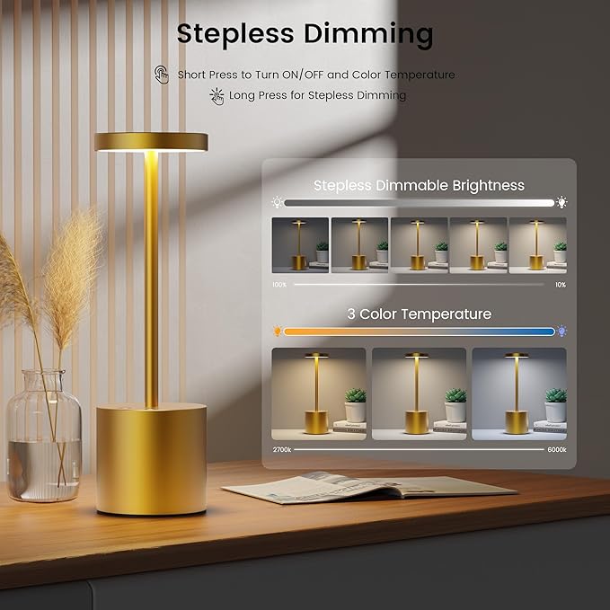 SAKRINGT 2 Pack Cordless Table Lamp Rechargeable, 5000mAh Battery Operated Portable Table Light,Dimming LED Table Lamp for Restaurant/Patio/Outdoor(Gold)
