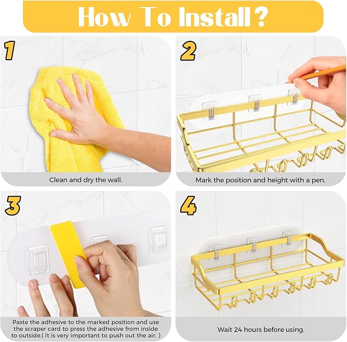 2 Pack Adhesive Shower Caddy, Rustproof Stainless Steel Shower Racks for Bathroom Organizers & Storage, Gold Wall Mounted Shower Shelves for Inside Shower Apartment Bathroom Essentials