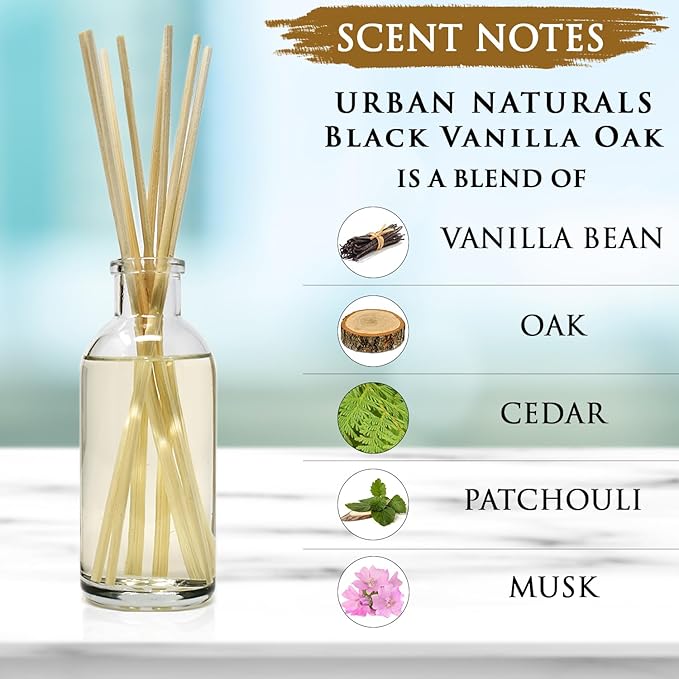 Urban Naturals Black Vanilla Oak Reed Diffuser Gift Set. with Warm Vanilla, Oak, Cedar, Patchouli and Musk Scent Notes. A Sensual, Aromatic Home Fragrance. Vegan. Made in The USA
