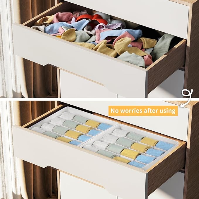Joyoldelf Sock Drawer Organizer Divider, 16-Cell Underwear Organizers and Storage Fabric Drawer Organizer for Socks, Lingerie, Handkerchiefs, Ties Black, 2 Packs (White)