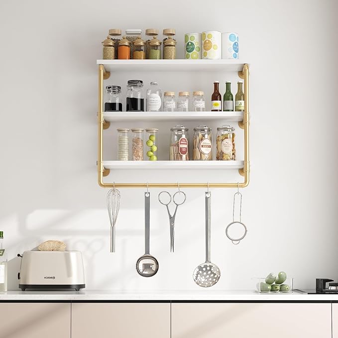 HOMEKAYT 24" Industrial Pipe Shelving, Floating Wall Shelves 3 Tier Gold Shelves with Haning Rod Multiple Use for Kitchen, Bedroom,Living Room,Bathroom