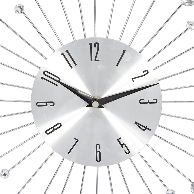 Deco 79 Metal Starburst Decorative Wall Clock With Crystal Accents for Home and Room, 15" x 2" x 15", Silver