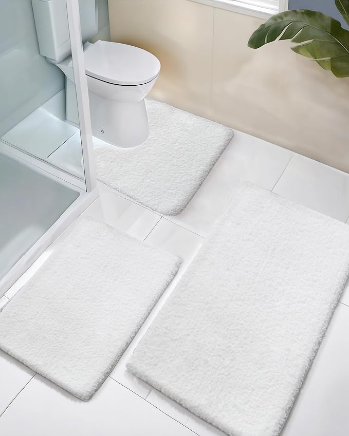 ILANGO 3 Piece Bathroom Rugs Bath Mat Set, Dries Quickly,Non Slip Fluffy Shaggy Bath Washable Mats with U-Shaped Toilet Rug Set for Bathroom,Tub,Toilet (White,17" x 24" + 24" x 36" + 22" x 24")