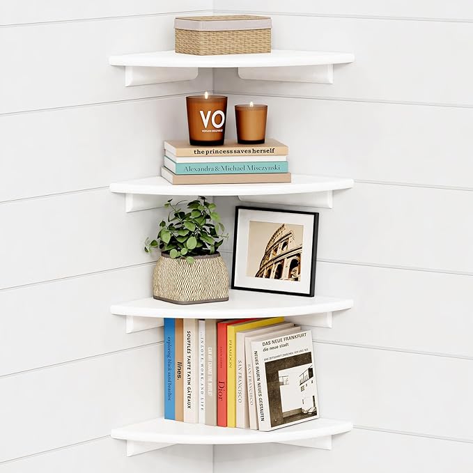 Forbena Corner White Floating Book Shelves for Wall Set of 4, Wood Nursery Corner Bookshelf for Kids Bedroom, Large Modern Round Wall Bookshelves for Living Room Decor, Indoor Plants, Bathroom