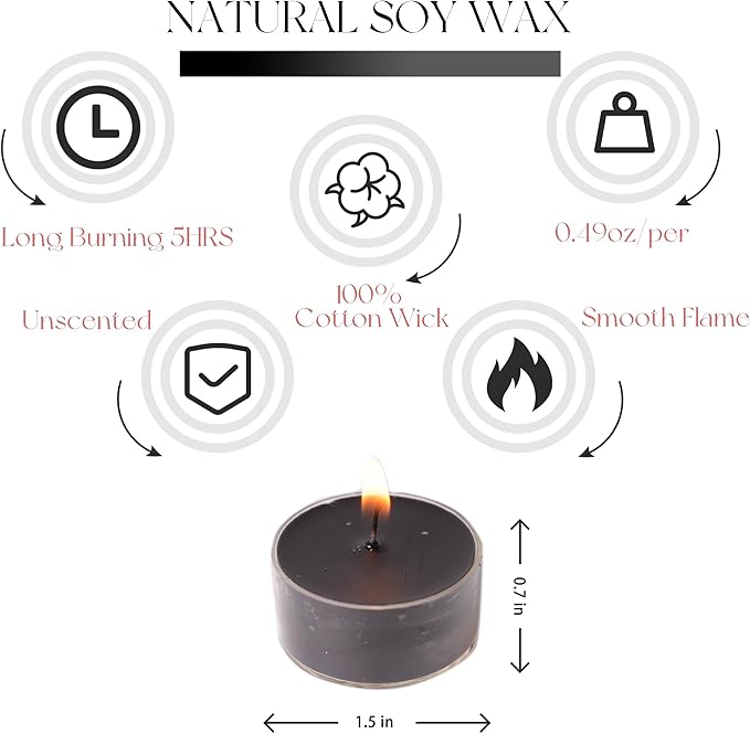 12 Unscented Natural Soy Tealight Candles in Clear Cups, 5H Long Clean Burning, Hand-Poured Black Mini Tea Candle Set for Parties, Spa, Meditation, Gift, Holiday, Emergency, Home Decor