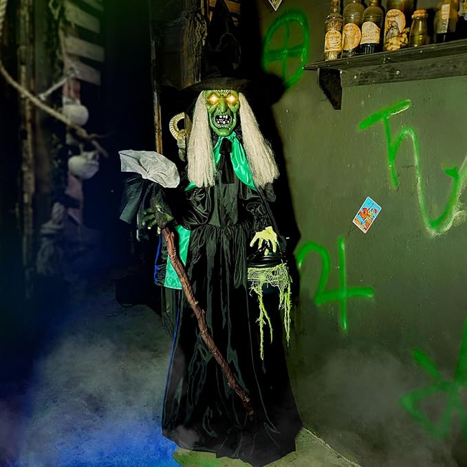 Haunted Hill Farm Lifesize Scary Talking Witch Prop with Cauldron and Broom with Touch Activated Lights and Sound, Battery-Operated Indoor or Covered Outdoor Halloween Decoration
