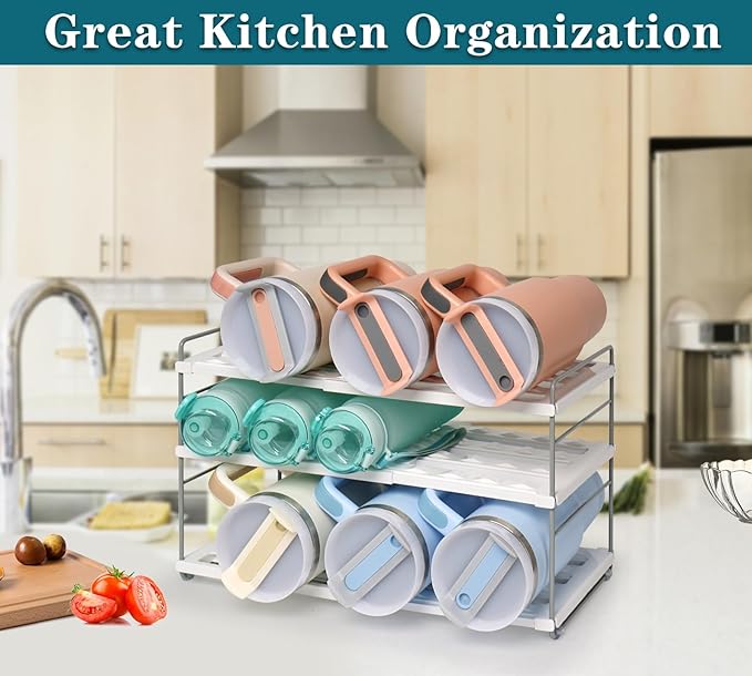 Water Bottle Organizer For Cabinet, Expandable Water Bottle Holder Rack, Adjustable Tumbler Storage For Kitchen Organization, 3 Tier Cup Organizer For Sports Flask Insulated Travel Mug Fridge, White