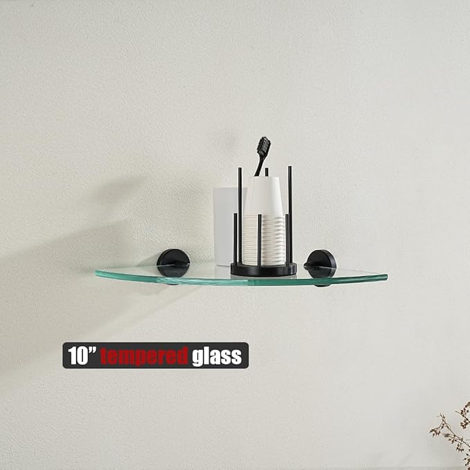 JQK Corner Glass Shelf Black, Bathroom 304 Stainless Steel Shower Triangle Floating Wall Shelf, 10 x 10 Tempered Glass, 2 Pack, TGS190L10-PB-P2