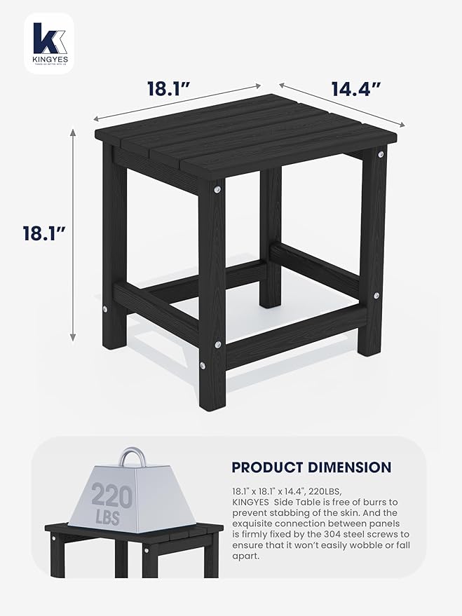 KINGYES Adirondack Side Table, Patio Outdoor Rectangular End Table, Black