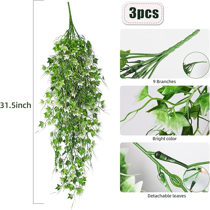 RECUTMS Artificial Hanging Plant - Faux Ivy Vine With White UV Resistant Leaves for Room, Office, Wall Decor (White)