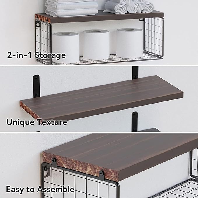 Towel Racks for Bathroom Wall Mounted,3PCS Floating Shelves with Storage Basket, Bathroom Organizers, Wall Mounted Rustic Wood Shelves for Bedroom, Living Room, Kitchen(Dark Brown)