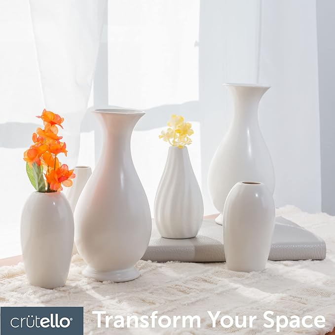 Crutello Ceramic Vase Set of 6 White Decorative Glossy Vases - Classic Small Bud Vases for Classic Decor, 6 Pack White Small Bud Vase, Perfect for Any Event Decoration