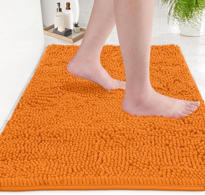 Orange Bathroom Rugs Chenille 2-Piece Bath Mat Set, Soft Plush Bath Rug +Toilet Mat.1'' Microfiber Shaggy Carpet, Super Absorbent Machine Washable - Square Curved Set (20”x 30” + 20”x20” U, Orange)