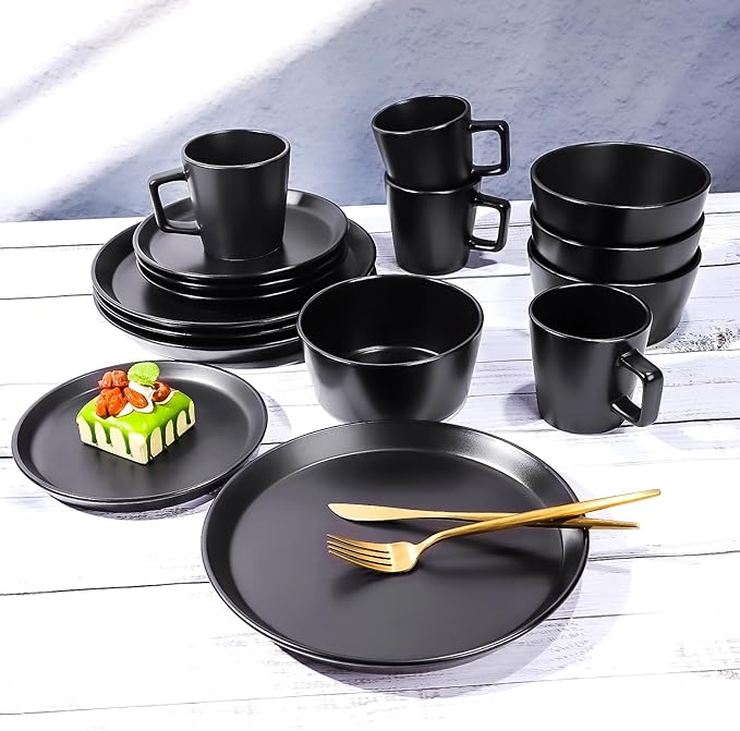 Plates and Bowls Sets, 16 Pieces Dinnerware Sets, Service For 4, Black