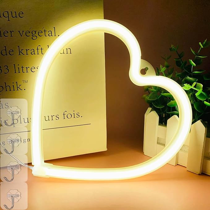 LED Light Neon Sign Room Decor - Yellow Night Light for Valentines Day - Hanging USB/Battery Operated Heart Lights for Window (Warm White)