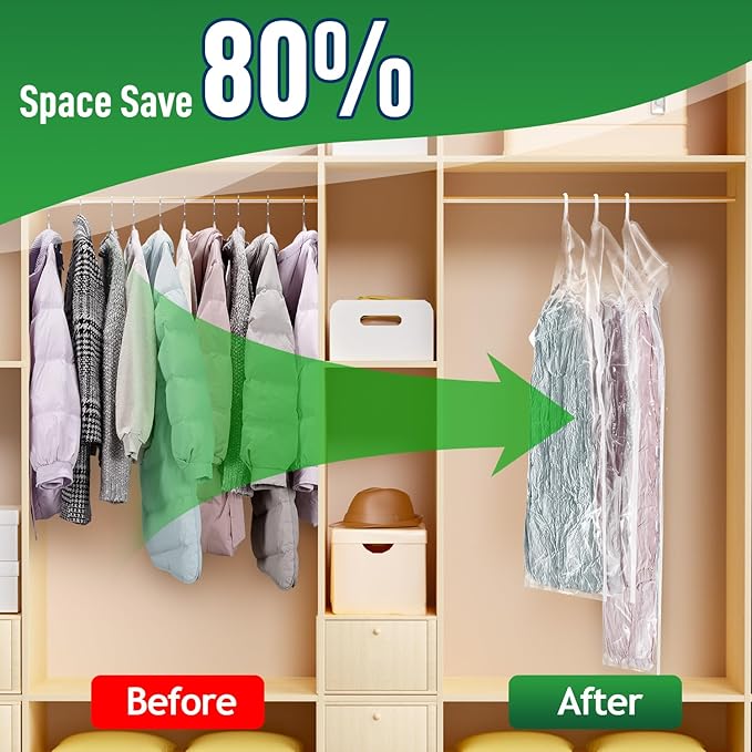 Hanging Vacuum Storage Bags For Clothes With Hand Pump,Coat Storage Bag Hanging,Vacuum Bags For Clothes,Space Saver Vacuum Storage Bags,Garment, Clothing, Dress, Suit, Long Coat, Jacket(Short 4 Pack)
