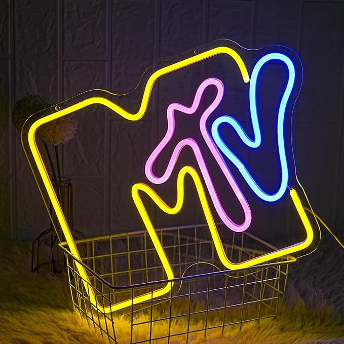 Neon Sign for Wall Decor - MTV Neon Light Up Sign Yellow LED Neon Light for Bedroom, Music Room, Record Room, Recording Studio, Bar Decoration
