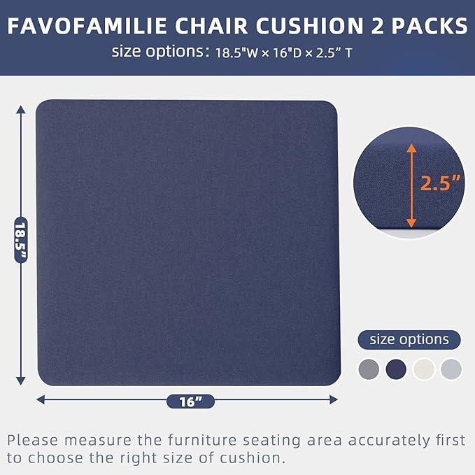Outdoor Chair Cushions 18.5 x 16 x 2.5 Inch Set of 2, Water-Resistant & Fadeness Durable Patio Furniture Cushion for Garden Sofa Couch Chairs, Portable Comfort with Attach Ties, Blue