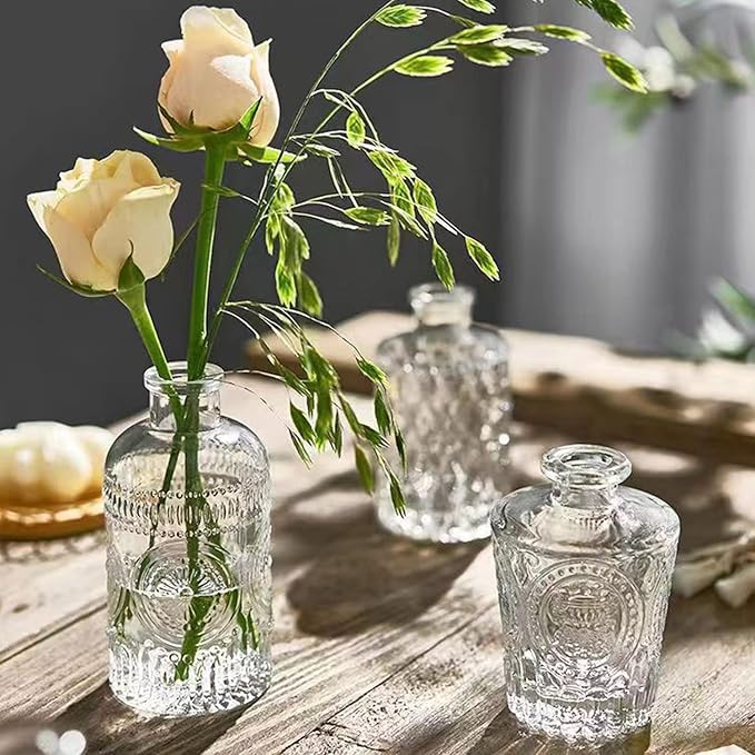 Glass Bud Vases Set of 32,Small Flower Vases for Wedding Centerpiece Table Decorations,Clear Vintage Embossed Mini vases,Flower Arrangements in Vases for Party or Home Decor