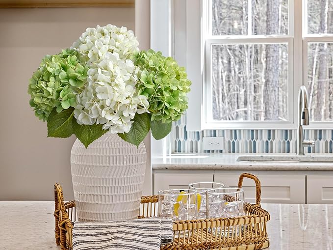 2PCS White & 2PCS Green Fake Hydrangea Real Touch 20" Latex Artificial Hydrangea Flowers with Long Stems for Outdoor Indoor Spring Home Decor Porch Party Wedding Xmas Floral Arrangements