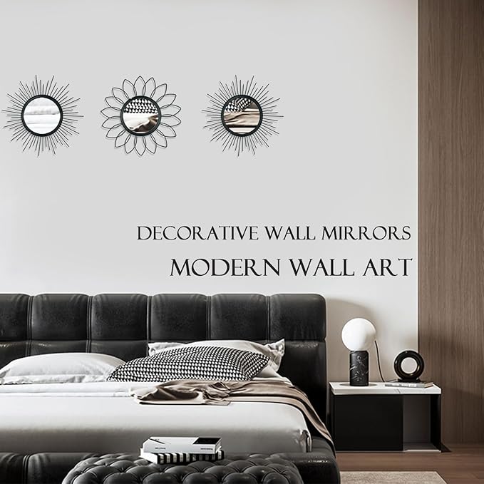 3 Pack Metal Mirrors for Wall Sunburst Wall Mirrors Home Décor Decorative Hanging Wall Art for Living Room Bedroom Entryway (Black, Flower+Sunburst)
