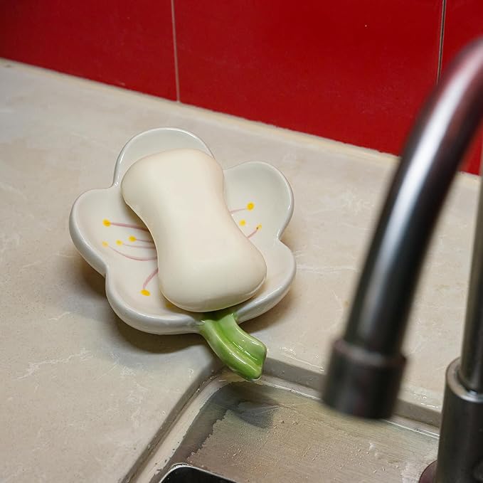 Ceramic Soap Dish Holder for Bathroom, Flower Bar Holder for Shower, Easy Cleaning Saver Tray Decoration for Bathroom, Sinks, Kitchen (White)
