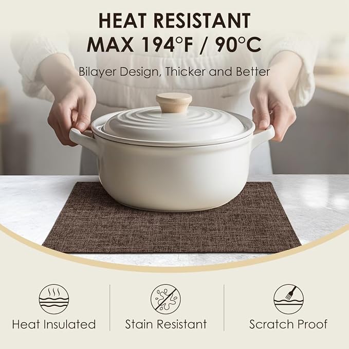 Placemats Set of 8, Bilayer Thickened Linen Place Mats Heat Resistant Machine Washable Wrinkle Free Carefully Selected Polyester Mats for Kitchen/Dining/Coffee Table (Burlap)
