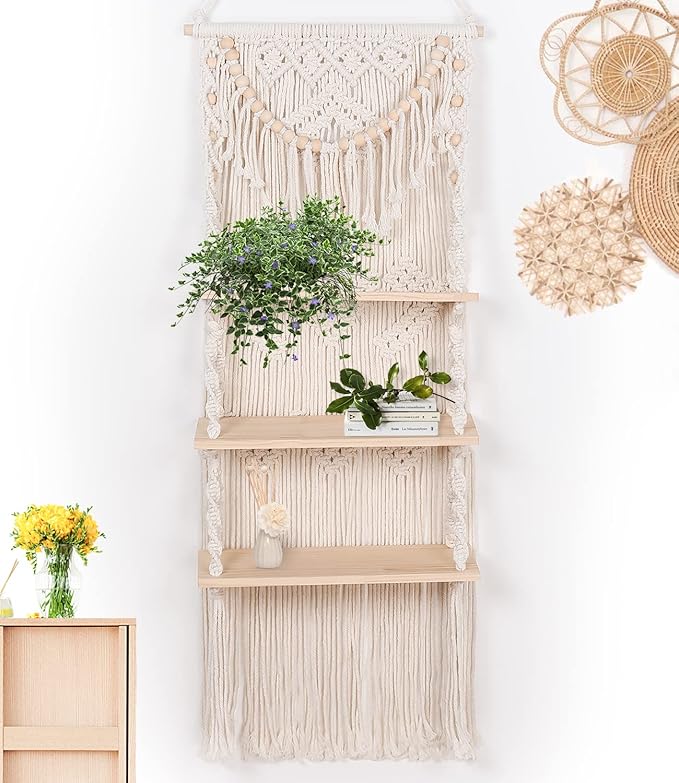 Macrame Wall Hanging Shelf for Wall Decor 3 Tiers Handmade Boho Wall Floating Shelf Hanging Plant Hanger Organizer with Wood Beads for Aesthetic Bedroom Living Room Decor