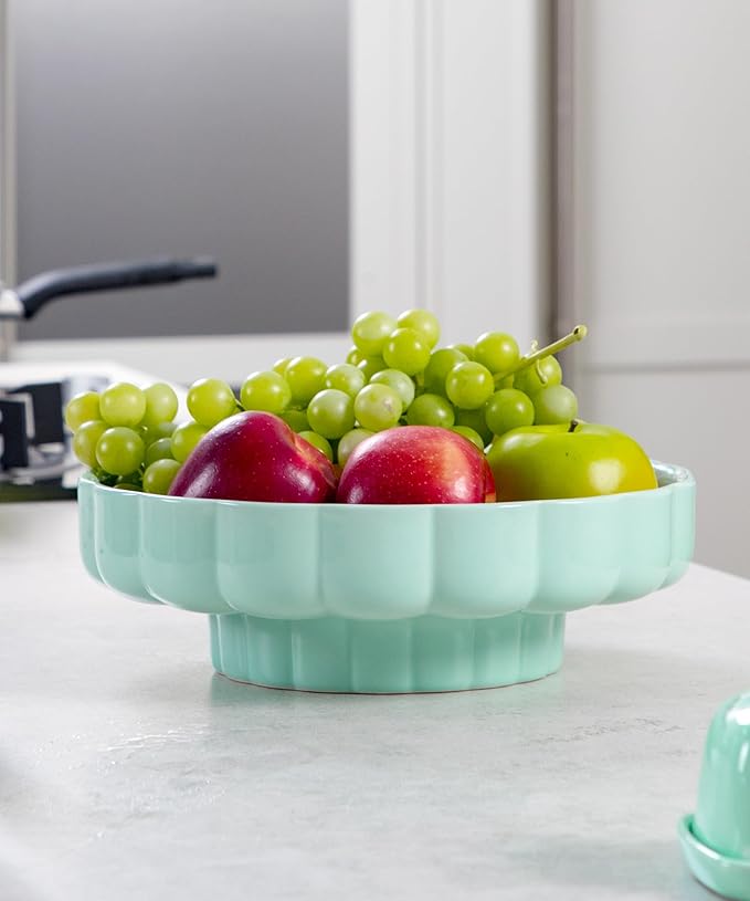 Nucookery Ceramic Petal Fruit Bowl for Kitchen Counter, 11 Inch Modern Decorative Bowl, Elegant Fruit & Vegetable Storage Container, Large Bread Basket, Mint Green
