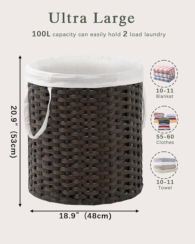 Laundry Hamper Round Laundry Basket 26.5 Gal (100L) Rattan Laundry Hamper, Handwoven Wicker Laundry Basket with Handles Removable Laundry Bag 2 Mesh Bags for Bedroom Laundry Room Brown
