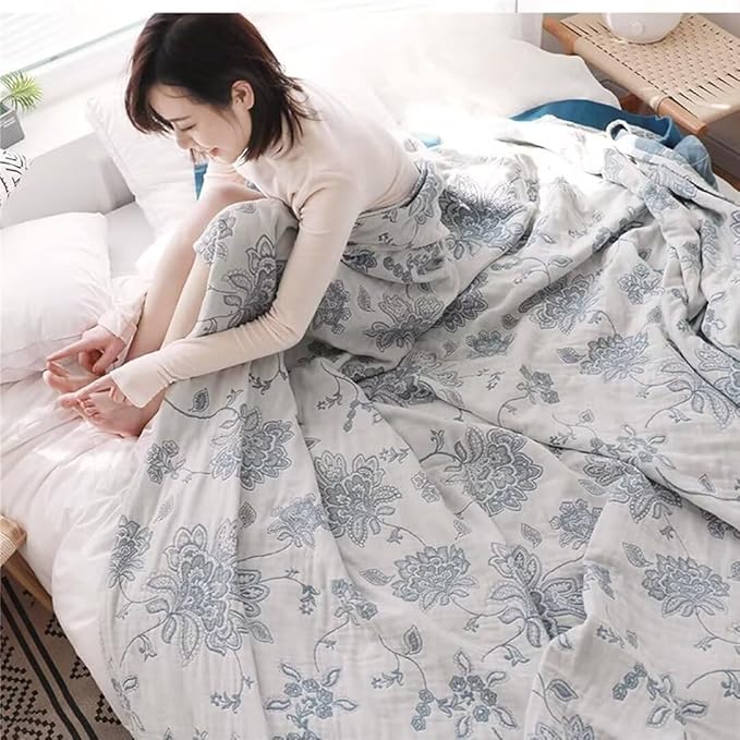 Boho Muslin Throw BlanketsQueen Size for Bed, Ultra Woven Cotton Throw Blankets for Farmhouse,Picnic,Travel, Lightweight Reversible Fall Blankets Cotton Home Docor Throw Blankets 80"x90"