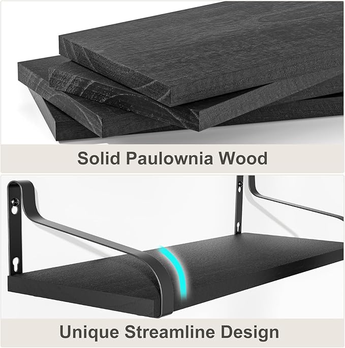 Love-KANKEI Black Floating Shelves for Wall Set of 4, 15.7 Inch Wood Wall Shelves with Bracket, Rustic Hanging Shelves for Bathroom, Bedroom, Kitchen,Living Room, Office Display