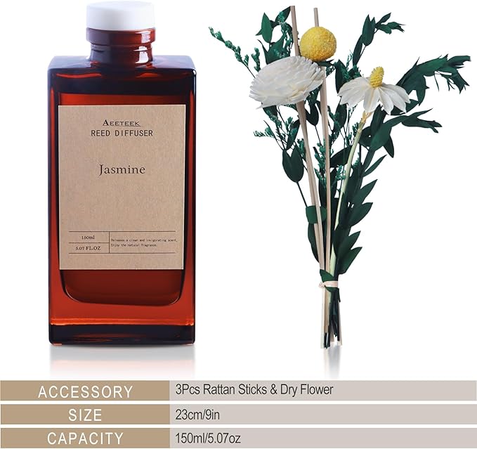 Reed Diffuser Set - Jasmine & Orange Blossom Essential Oil, 5.07oz/150ml Floral Aroma Oils Scents with Dry Flower Decoration, Home Fragrance for Large Room Bathroom Office Shelf Decor