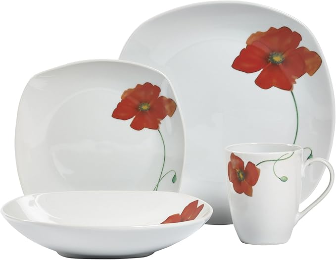 Poppy - 16 Piece Square Dinnerware Set, Service of 4