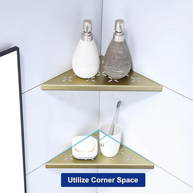 10" Corner Shower Shelf, 2-Pack Shower Shelves SUS304 Stainless Steel Bathroom Shelves for Tile Walls, Recessed Corner Shelf Organizer Rack, No Drilling (Brushed Gold)