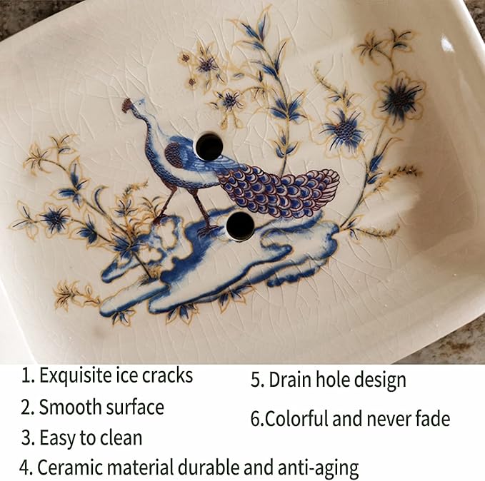 Ceramic Soap Dish Creative Ice Crack Ceramic Peacock and Flower Pattern Soap Dish Holder for Bathroom and Shower Soap Tray Box with Drain Gift for Mum Family